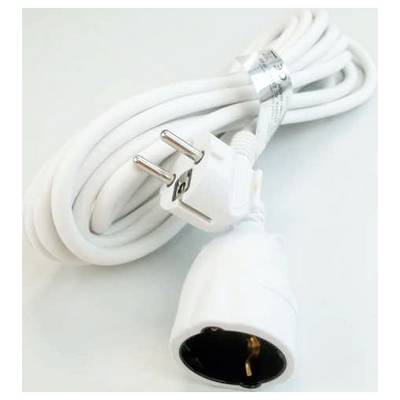 Eine aufgerollte weiße Stromverlängerung mit einem zweipinigen europäischen Stecker und einer Steckdose, die auf einer weißen Oberfläche platziert ist.