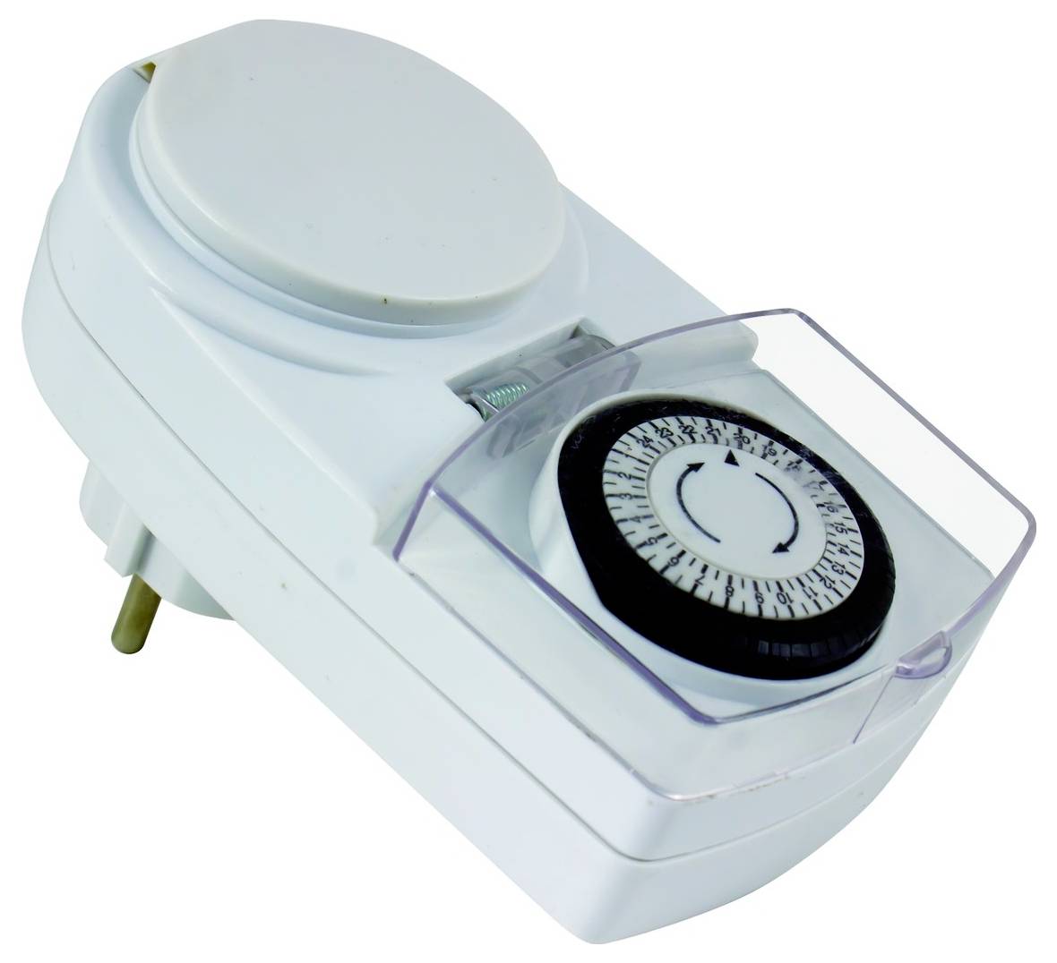 Ein weißer mechanischer Zeitschalter mit einer kreisförmigen Skala und Zeitmarkierungen. Er wird verwendet, um automatische Ein- und Ausschaltzeiten für elektrische Geräte einzustellen.