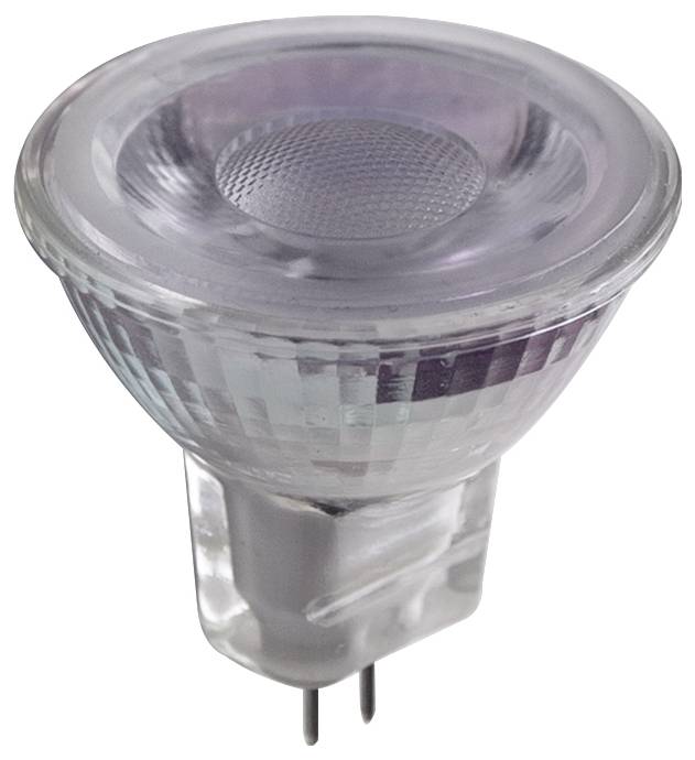 Ein Nahaufnahmebild einer durchsichtigen LED-Scheinwerferbirne mit reflektierender Oberfläche, deren Stifte darunter sichtbar sind, vor einem weißen Hintergrund.