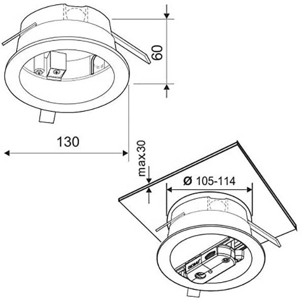 Technische Zeichnung einer eingelassenen Deckenleuchte mit Abmessungen: 130 mm Durchmesser, 60 mm Höhe und 105-114 mm Einbauöffnungsgröße.