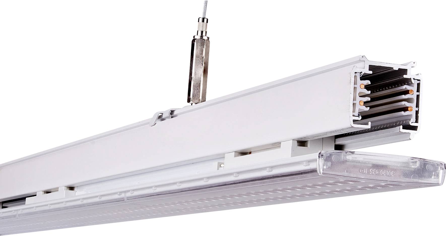 Eine Nahaufnahme einer hängenden linearen LED-Leuchte mit elegantem, modernem Design, die Verdrahtungskomponenten und eine lichtdurchlässige Abdeckung an einem Ende zeigt.
