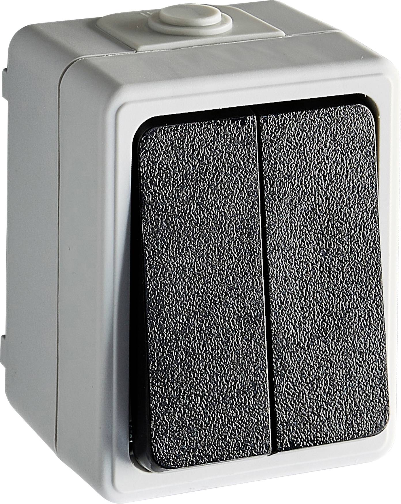 Ein schwarzer, doppelter Wippschalter an einer Wand, der für einfaches Umschalten zwischen zwei Funktionen oder Geräten konzipiert ist.
