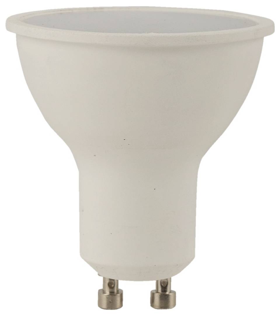 Eine weiße GU10 LED-Glühbirne mit abgerundeter Oberseite und zwei Metallstiften an der Basis, entwickelt für Spotbeleuchtungsarmaturen.