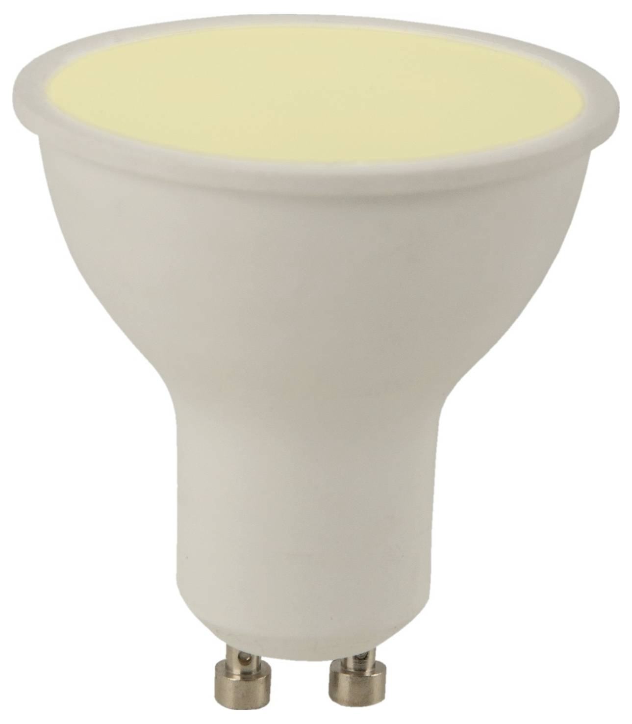 Eine LED-Glühbirne mit GU10-Sockel, mit weißem Gehäuse und gelblicher Oberseite, entwickelt für energieeffiziente Beleuchtungslösungen.