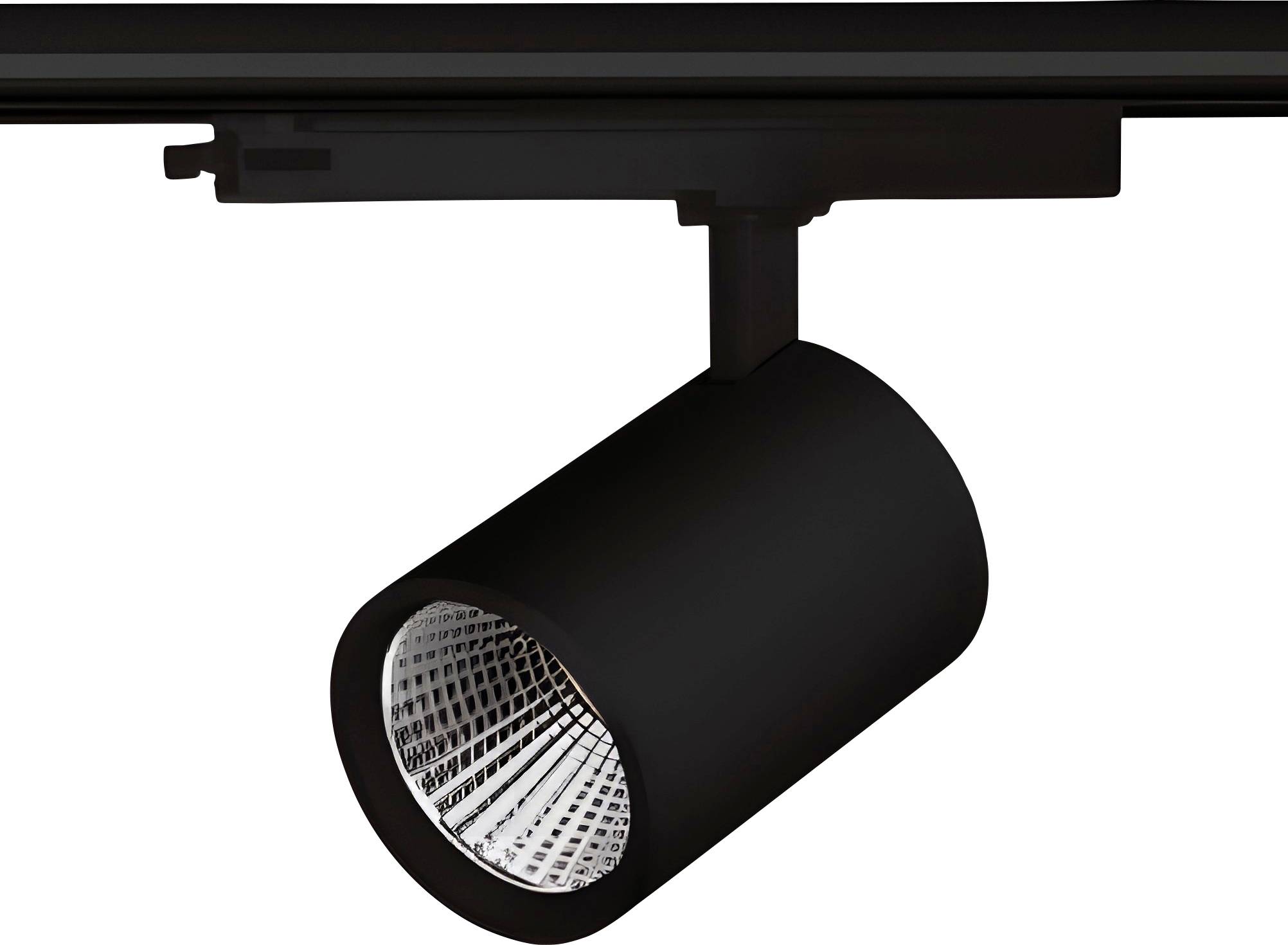 Eine schwarze zylindrische Schienenleuchtenfixierung, die an einer dunklen Metallschiene befestigt ist und für moderne Innenbeleuchtungsarrangements geeignet ist.