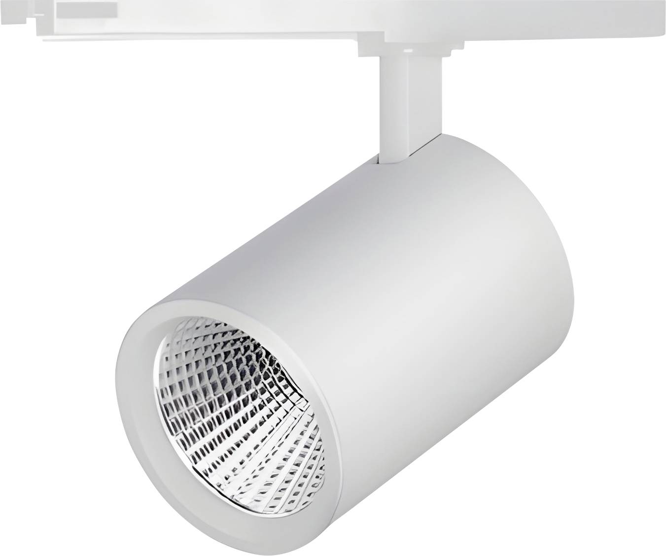 Eine schlanke, zylindrische weiße Stromschienenleuchteinrichtung mit reflektierender Innenoberfläche, die für moderne Beleuchtungsanwendungen verwendet wird.