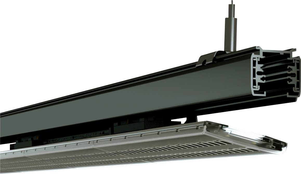 Eine moderne, schwarze lineare Deckenleuchte mit Schienen-Design in Hängeoptik.
