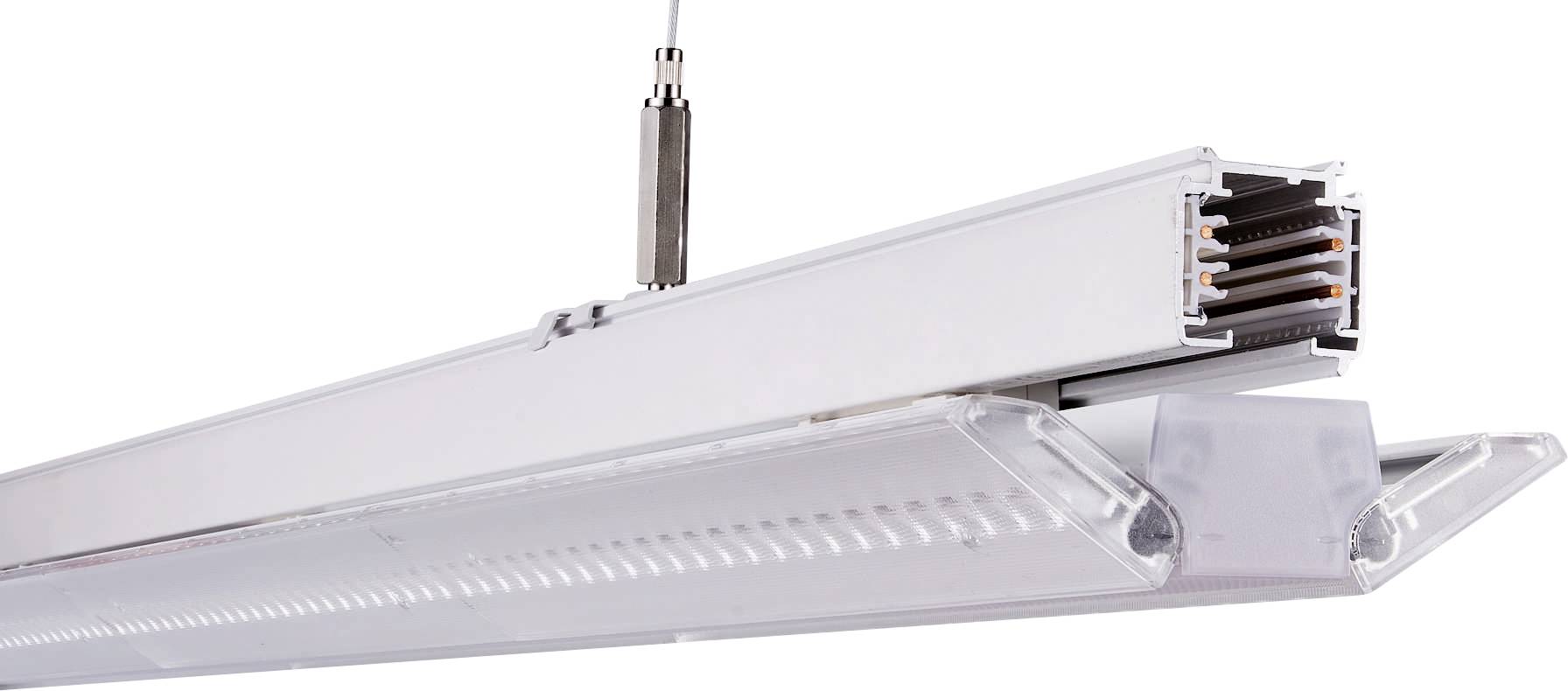Eine hängende lineare LED-Leuchte mit silberner Oberfläche, die Details der Verkabelung und des Gehäuses zeigt.