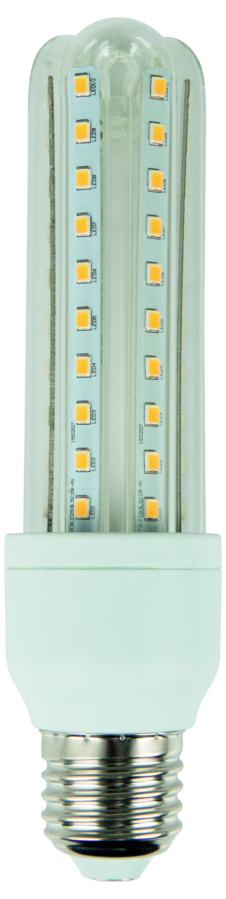 Eine zylindrische LED-Glühbirne mit mehreren kleinen orangen Dioden, die in einer transparenten Hülle eingeschlossen sind und deren Design und energieeffiziente Eigenschaften zeigt.