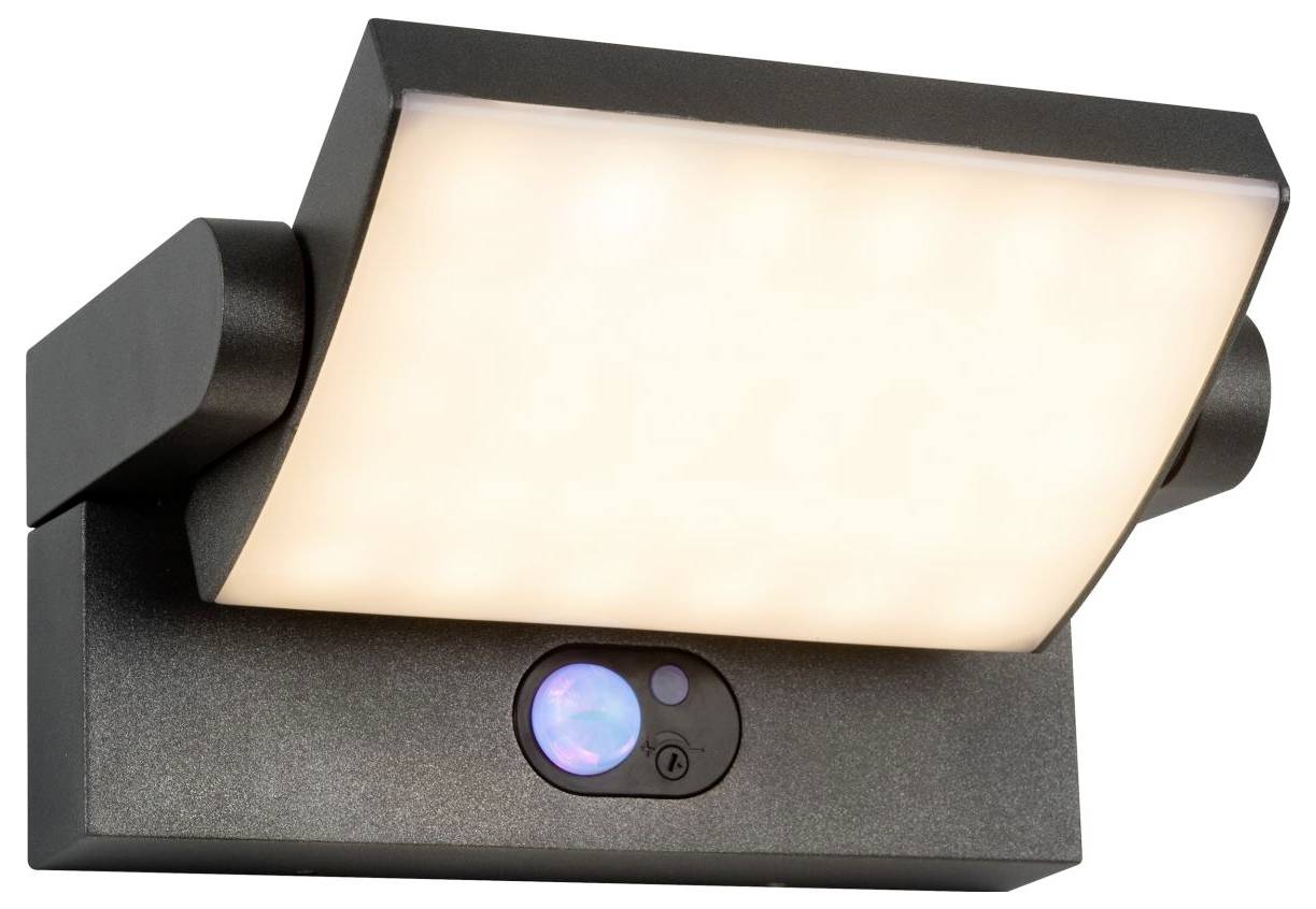 Outdoor-LED-Wandleuchte mit breitem, rechteckigem Design, Bewegungssensor darunter und modernem, mattschwarzem Finish.