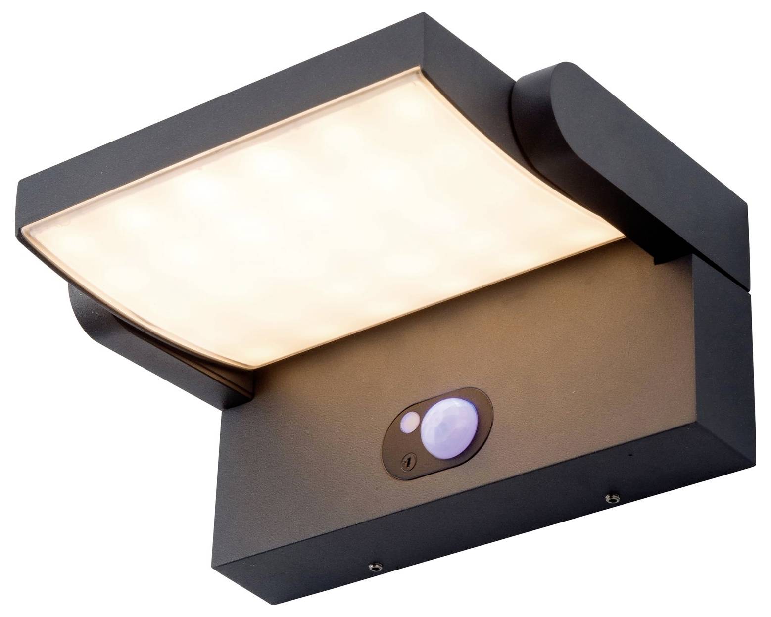 Eine rechteckige Außenwandleuchte mit Bewegungssensor und diffusem Lichtschein, geeignet für die Außenbeleuchtung von Häusern.