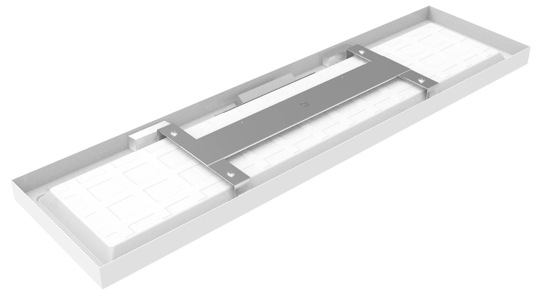 Ein rechteckiges LED-Paneel mit einem metallischen Haltewinkel in der Mitte, konzipiert für die Deckeninstallation und mit einem eleganten, modernen Erscheinungsbild.