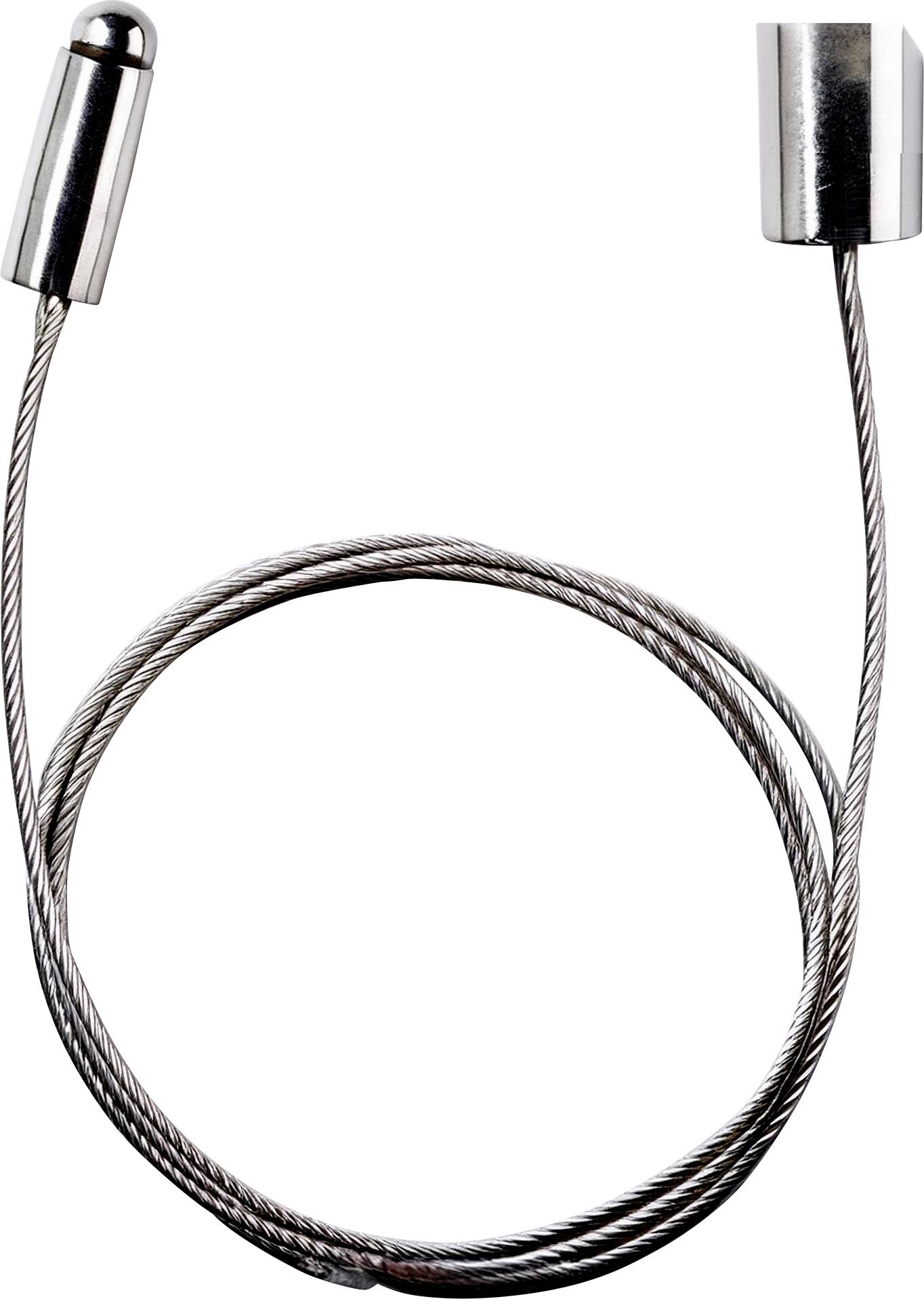 Ein gewickelter Silberkabel aus Metall mit zylindrischen Endstücken, der zum Sichern von Gegenständen oder als Sicherheitsleine verwendet wird.