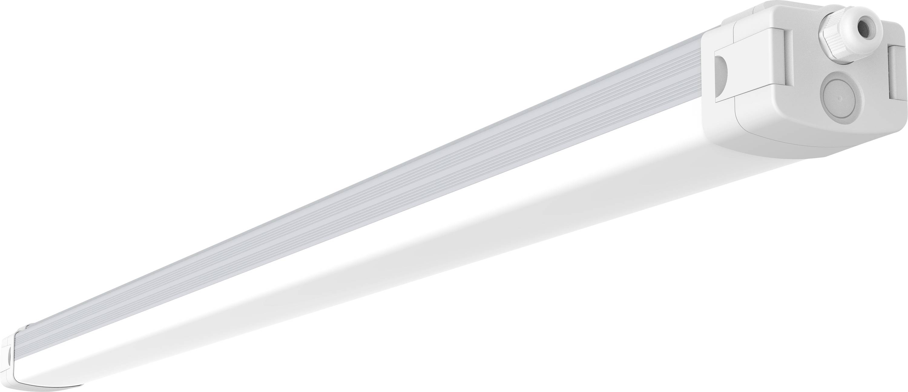 Eine weiße LED-Röhrenleuchte mit elegantem Design, ausgestattet mit einem Stromanschluss an einem Ende, die für moderne Beleuchtungslösungen verwendet wird.