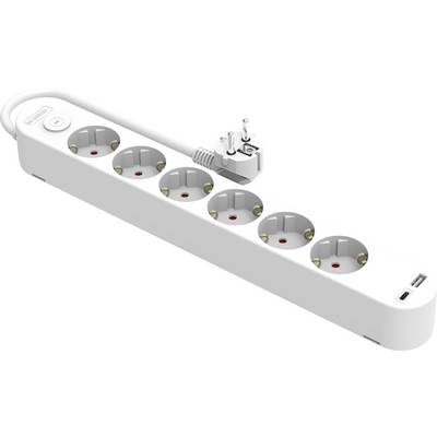 Ein weißer Steckdosenleiste mit sechs Steckplätzen, einem Schalter und einem europäischen Stecker, entwickelt für die Verbindung von elektrischen Geräten und zum Aufladen.
