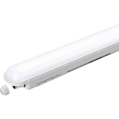 Eine weiße, deckenmontierte LED-Leuchte mit schlankem, längsgestrecktem Design, geeignet für industrielle oder kommerzielle Räume.