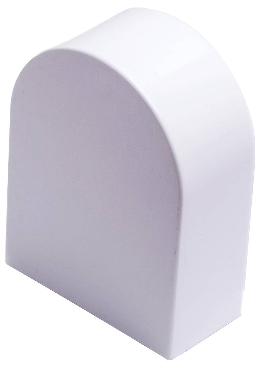 Ein weißes, gekrümmtes, rechteckiges Objekt mit glatter Oberfläche, das einem minimalistischen Buchstützen oder einer abstrakten Skulptur ähnelt.