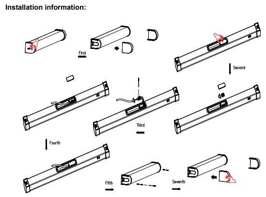 Die Grafik "Installationsinformationen" zeigt einen siebenstufigen Installationsprozess für eine Leuchte und veranschaulicht die sequenzielle Montage und Verbindungen.