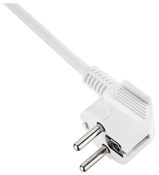 Ein weißer europäischer Elektroanschluss mit zwei runden Stiften, der an ein weißes Kabel angeschlossen ist und vor einem einfarbigen Hintergrund schräg positioniert ist.