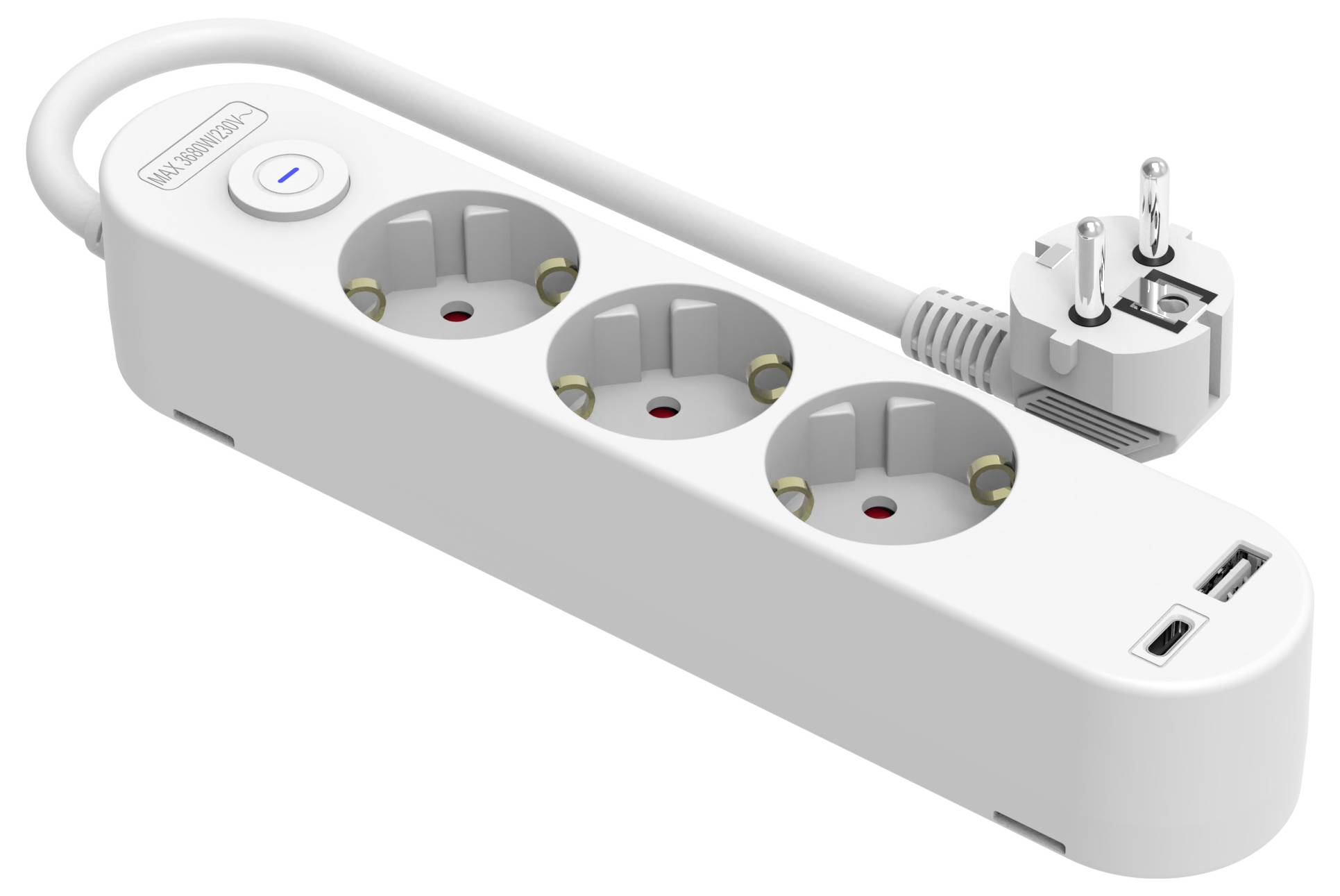 Ein weißer Steckerleiste mit drei europäischen Steckdosen, eine davon mit einer Einschalttaste, verfügt über zwei USB-Anschlüsse und einen Stecker mit einem kurzen Kabel.