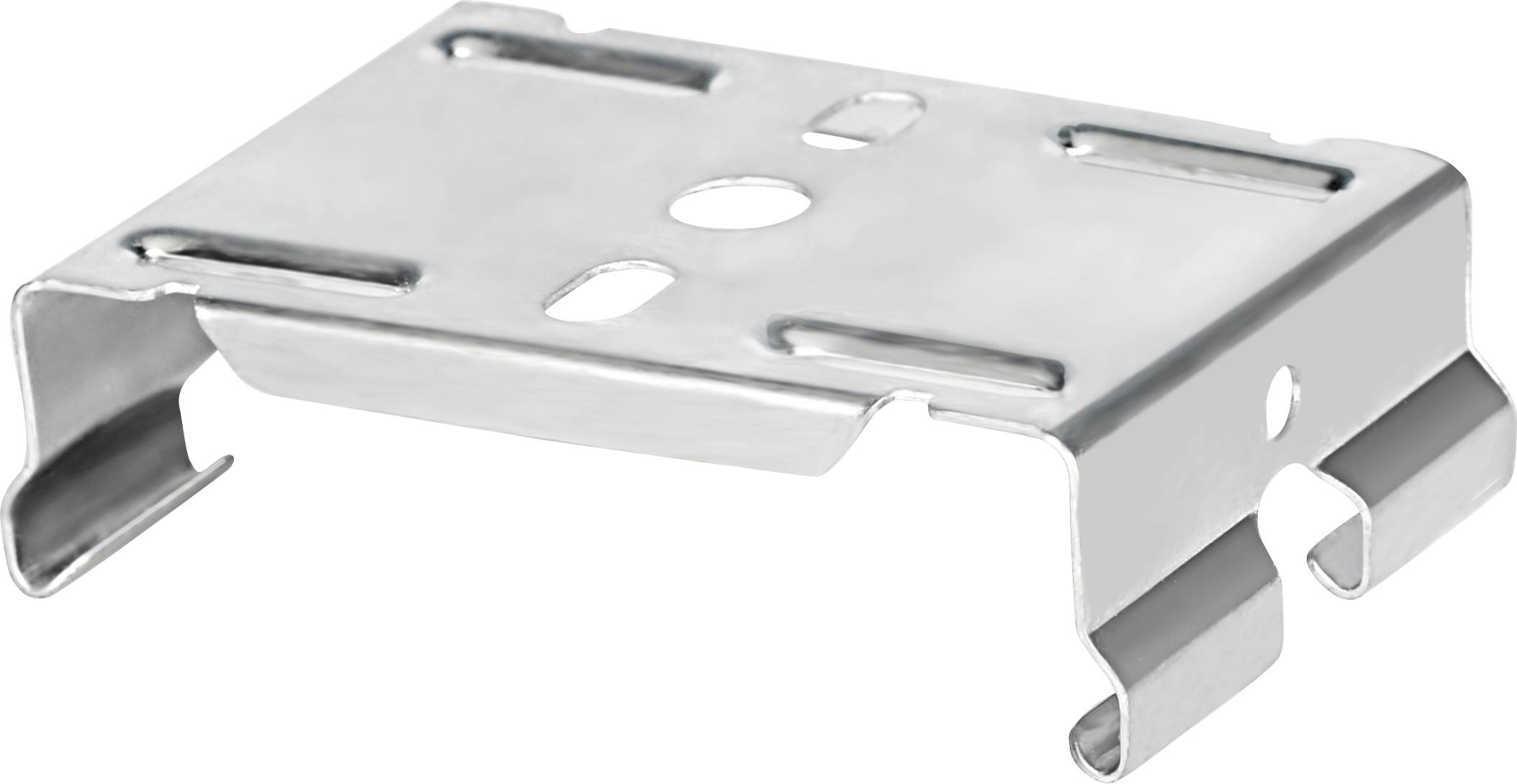 Eine Metallhalterung mit rechteckigen Ausschnitten und abgerundeten Kanten, entwickelt zum Montieren oder Befestigen von Objekten, in geneigter Position dargestellt.