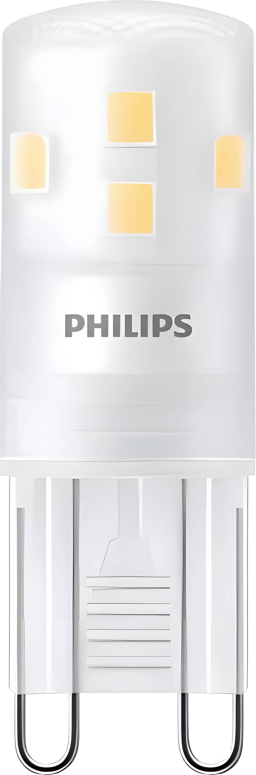 Eine Philips LED-Glühbirne mit einer zylindrischen Form, mit sichtbaren Dioden und zwei Metallstiften für die G4-Sockelanpassung.