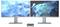 Zwei nebeneinander angeordnete Monitore zeigen abstrakte blaufedern-ähnliche Grafiken an, mit einem kleinen Desktop-Computer, der darunter zwischen ihnen platziert ist.