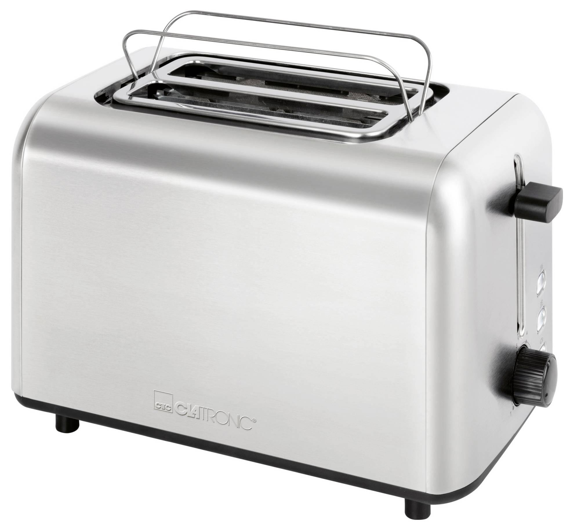 Ein Toaster aus Edelstahl mit zwei Schlitzen, einem Bräunungsregler und einem Hebel an der Seite, der zum Toasten von Brot entwickelt wurde.