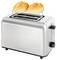 Ein silberner Toaster mit zwei goldenen Brötchen, die auf einem angeschlossenen Gestell ruhen und dessen Warmhaltefunktion veranschaulichen.