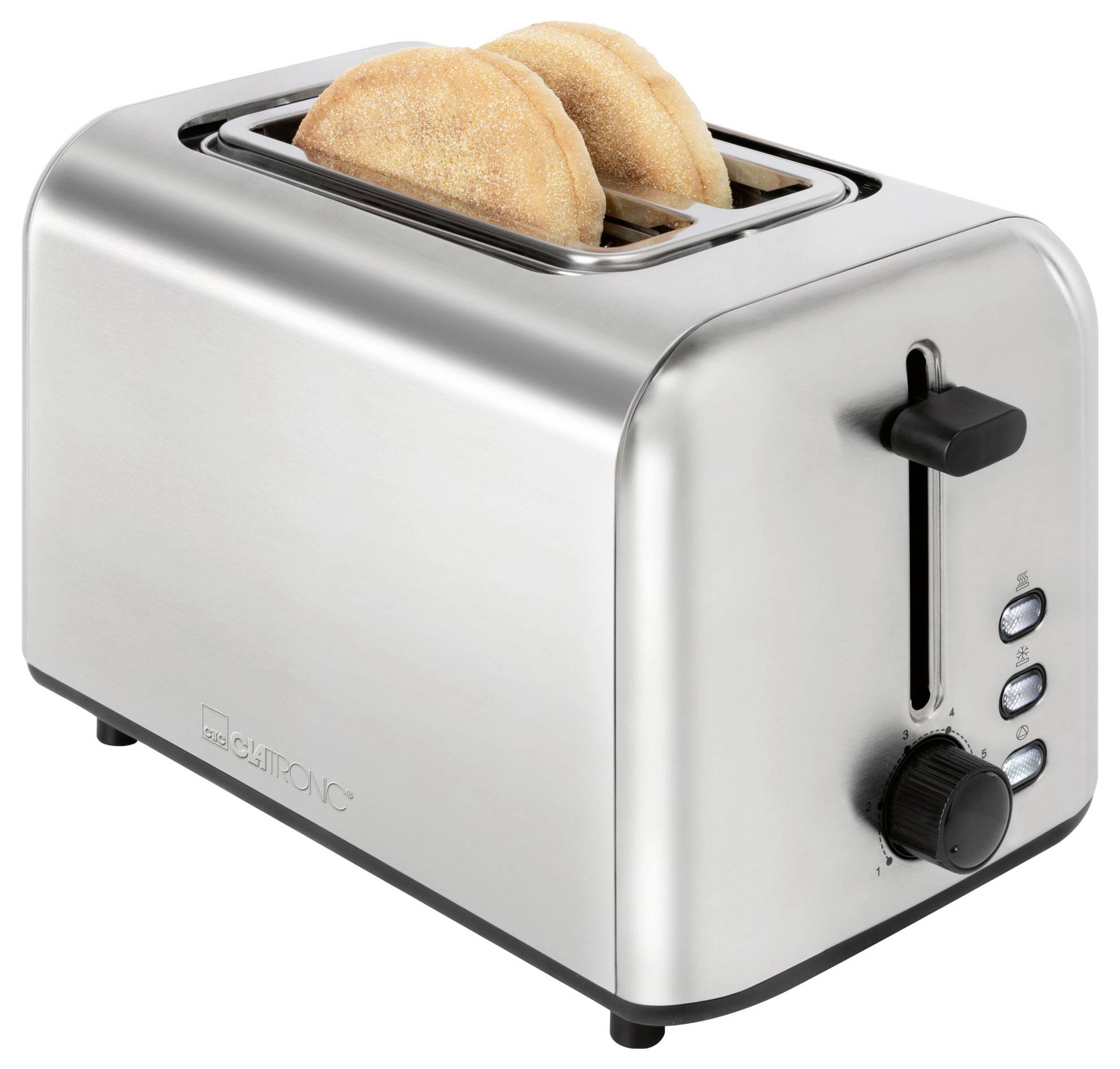 Ein Toaster aus Edelstahl mit zwei Scheiben Brot im Inneren, versehen mit einem Bräunungsregler und Tasten zur Einstellungsanpassung.