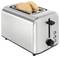 Ein Toaster aus Edelstahl mit zwei Scheiben Brot im Inneren, versehen mit einem Bräunungsregler und Tasten zur Einstellungsanpassung.
