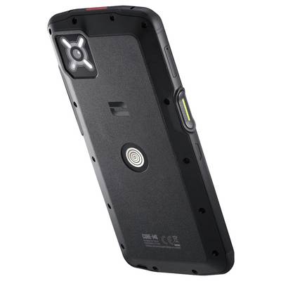 Ein robustes schwarzes Smartphone mit einer kreisförmigen Rückseite und strukturierter Oberfläche, ausgestattet mit einem Schutzrahmen und einer Kamera in der oberen Ecke.