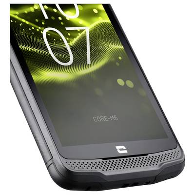 Ein robustes Smartphone mit einem schwarz-grauen Design, das ein leuchtendes grünes und gelbes abstraktes Muster auf dem Bildschirm zeigt, auf dem '10:07' und 'CORE-M6' angezeigt werden.
