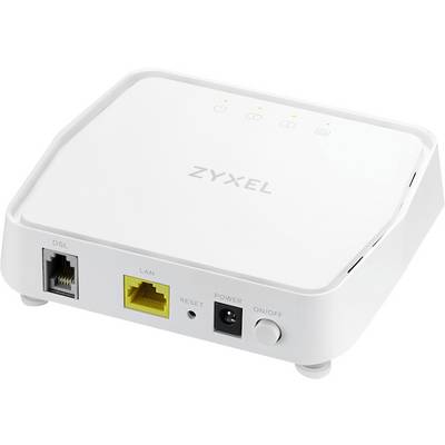Ein weißes Internet-Modem mit der Markenaufschrift 'ZYXEL', ausgestattet mit DSL- und LAN-Anschlüssen sowie Strom- und Reset-Schaltern, entwickelt für Konnektivität.
