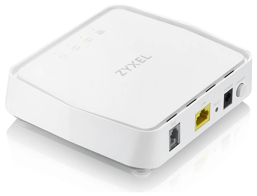 Ein weißer Zyxel-Netzwerkadapter mit Strom-, LAN- und USB-Anschlüssen, LED-Anzeigen auf der Oberseite, die den Strom- und Verbindungsstatus anzeigen.