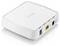 Ein weißer Zyxel-Netzwerkadapter mit Strom-, LAN- und USB-Anschlüssen, LED-Anzeigen auf der Oberseite, die den Strom- und Verbindungsstatus anzeigen.