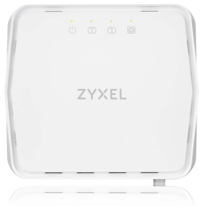 Ein weißes Zyxel-Netzwerkgerät mit LED-Anzeigen oben für Stromversorgung, Internet und Verbindungsstatus.