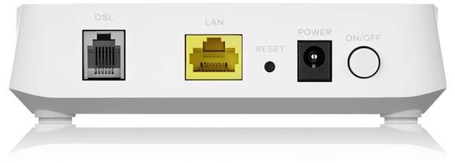 Bild der Rückseite eines Modems mit DSL-, LAN-, Reset-, Strom- und Ein-/Ausschalttasten.