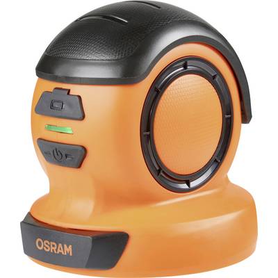 Ein orange-schwarzer Osram LED-Arbeitsscheinwerfer mit runder Form, strukturiertem Griff und Einschalttaste an der Seite.