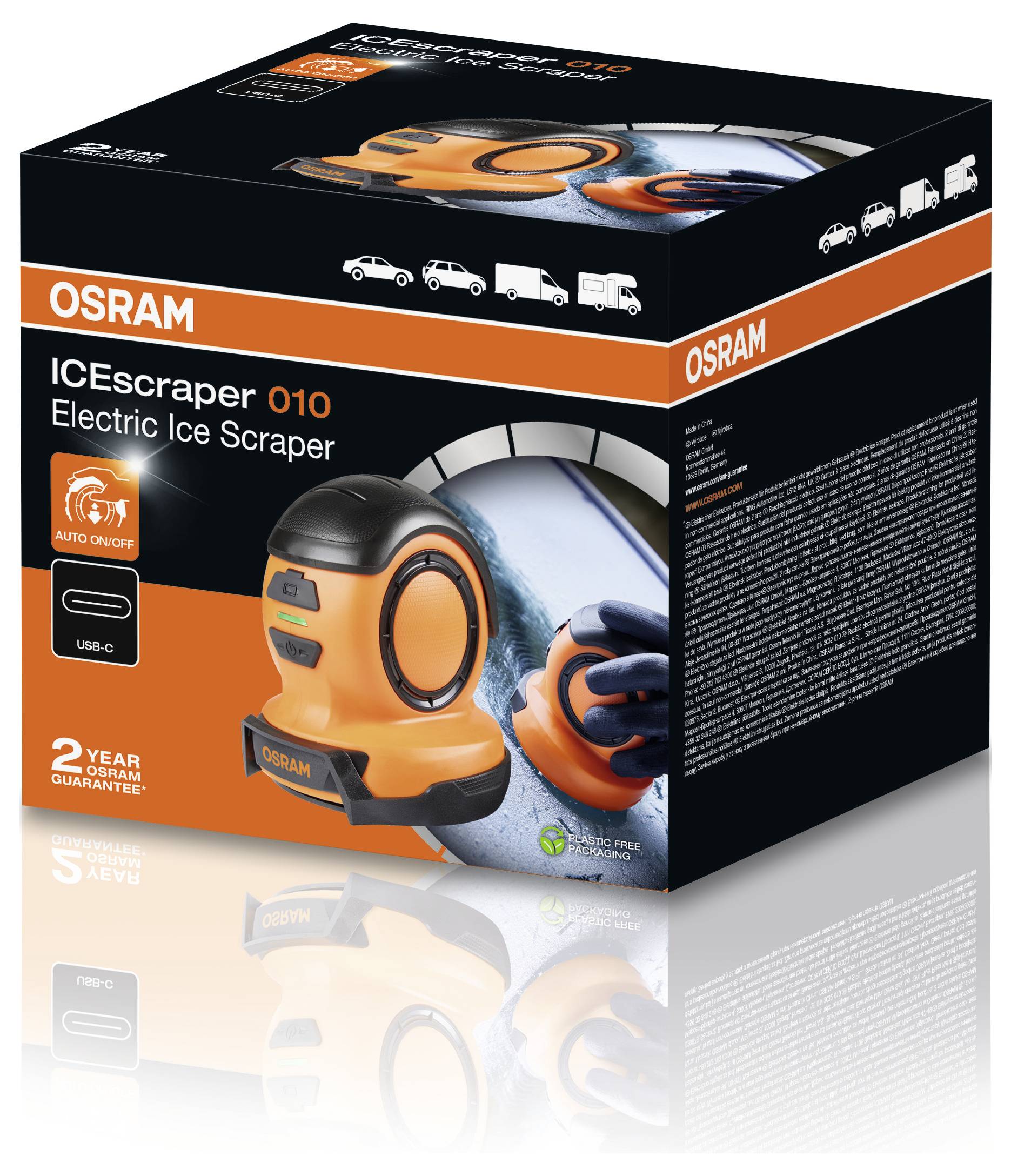 "OSRAM ICEscraper 010 Elektrischer Eiskratzer" Verpackung zeigt das Produktbild, Funktionen wie "Automatische Abschaltung" und "USB-C" sowie eine 2-jährige Garantie.