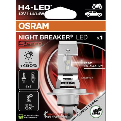 'OSRAM Night Breaker LED' Scheinwerfer Verpackung<br><br>Highlights:<br>- Höchstgeschwindigkeit<br>- Schnelle Installation<br>- Bis zu 450% mehr Licht<br>- 1:1 Größe<br>- IP-Schutzklasse