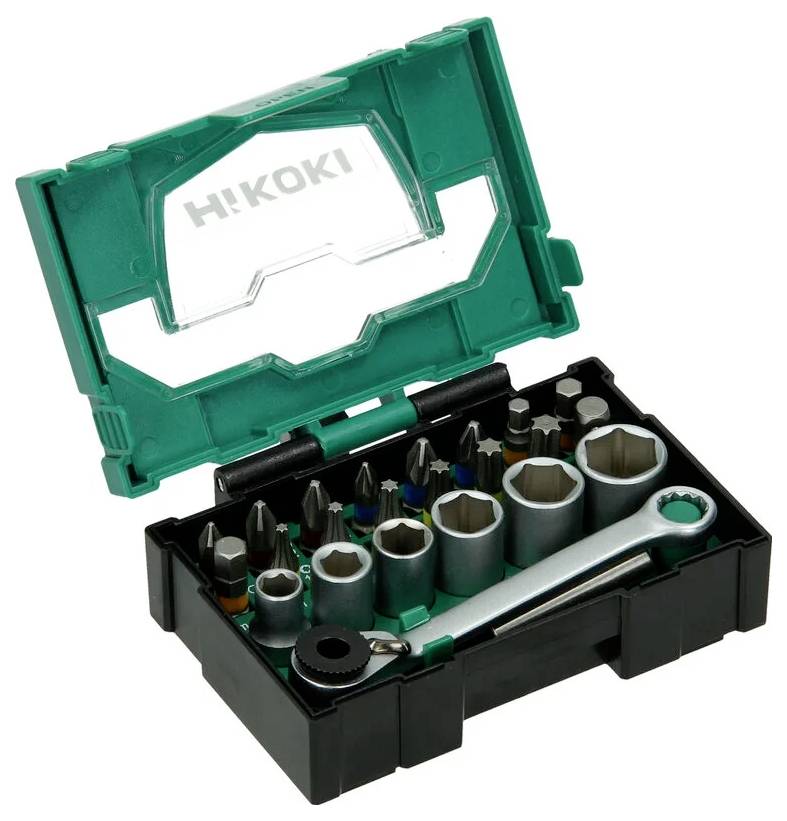 Werkzeugkoffer geöffnet, verschiedene Bits und einen Schraubenschlüsselsatz in einem kompakten grün-schwarzen Etui mit der Aufschrift 'Hikoki' auf dem Deckel zeigend.