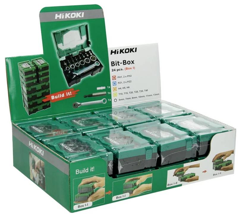 HiKOKI Bit-Box mit „Build it!"-Etikett ist ein verpacktes Set mit 24 Teilen, das Bits und Schrauben mit Montageanleitung präsentiert.