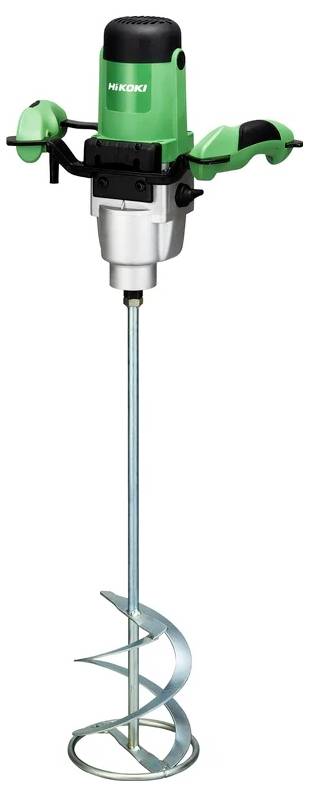 Ein grün-schwarzer, handgehaltener elektrischer Mixer mit Doppelgriffen und einem langen Metallmischaufsatz, der zum Rühren oder Vermischen von Materialien verwendet wird.