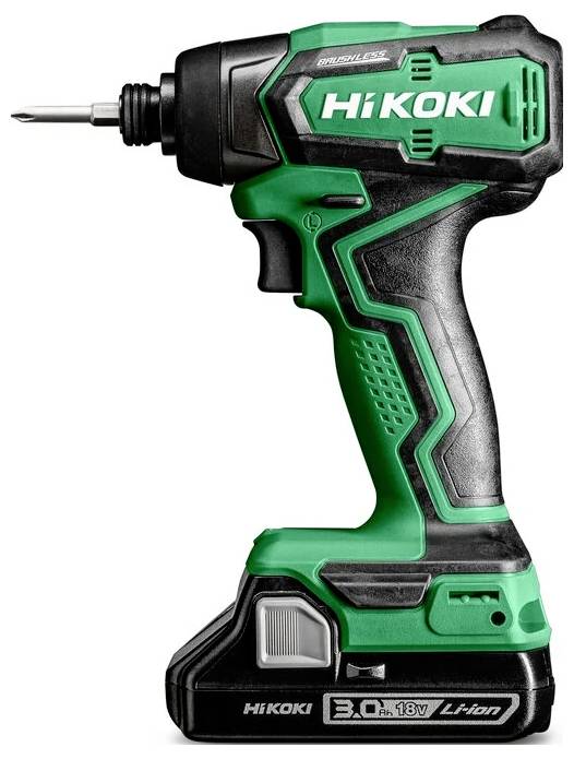 Grüne und schwarze kabellose Akku-Bohrmaschine mit "HiKOKI"-Logo, ausgestattet mit 18V Li-Ion-Akku und bürstenlosem Motor, von der Seite betrachtet.