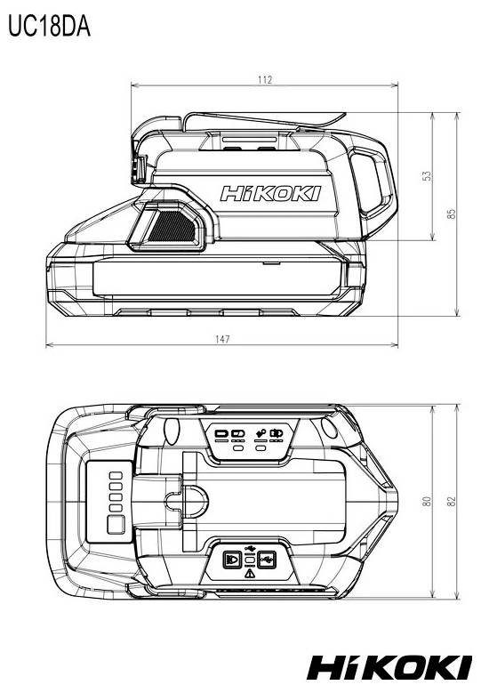 'HiKOKI UC18DA' Produktdiagramm mit Front- und Draufsicht und Abmessungen in Millimetern. Schwarzweiße technische Zeichnung.