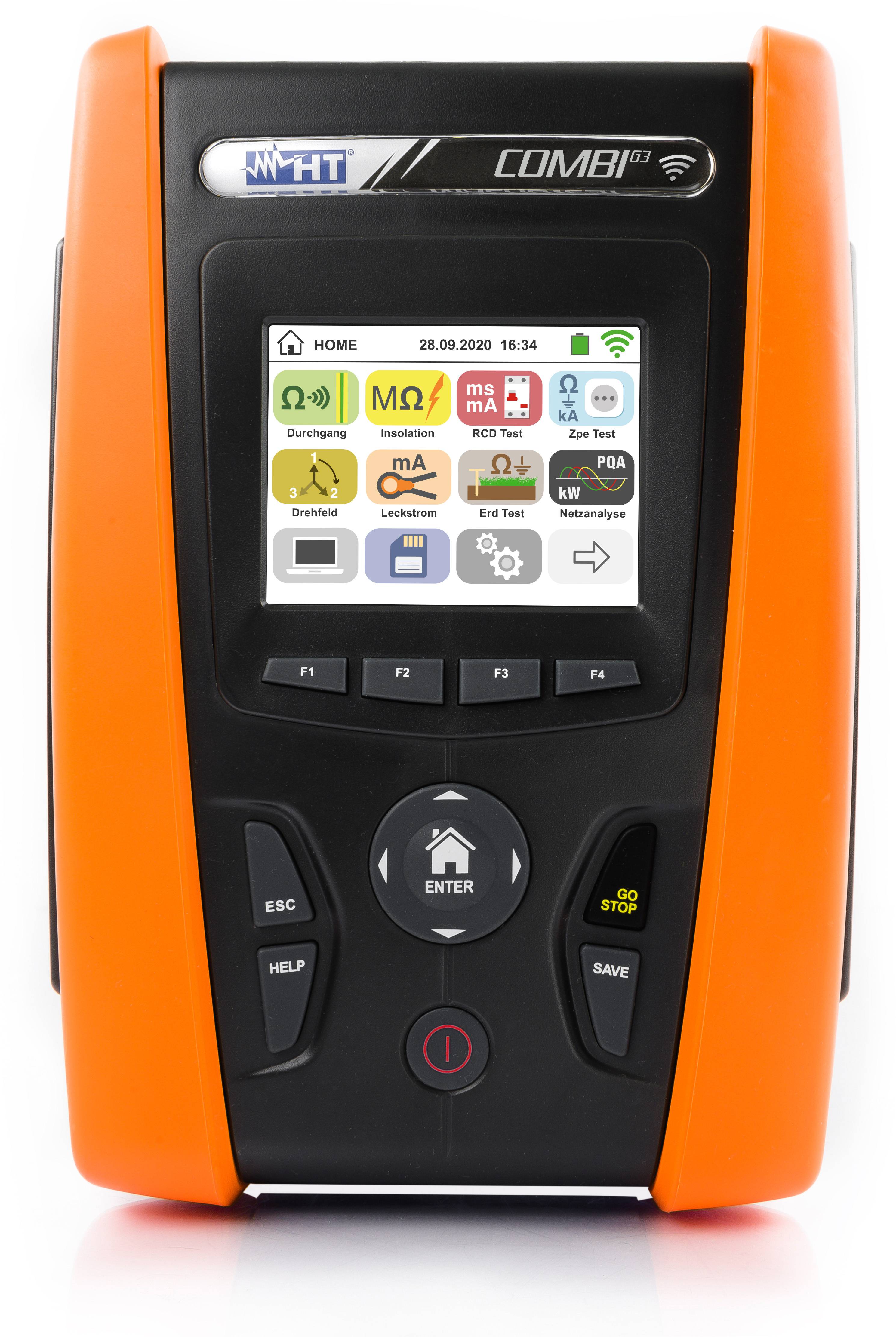 Ein tragbarer elektrischer Tester mit orangefarbener Gehäuse, digitalem Display, das verschiedene Symbole für Tests wie Isolationsmessung, Schleifenimpedanz und Fehlerstromschutzschalter (RCD) anzeigt.