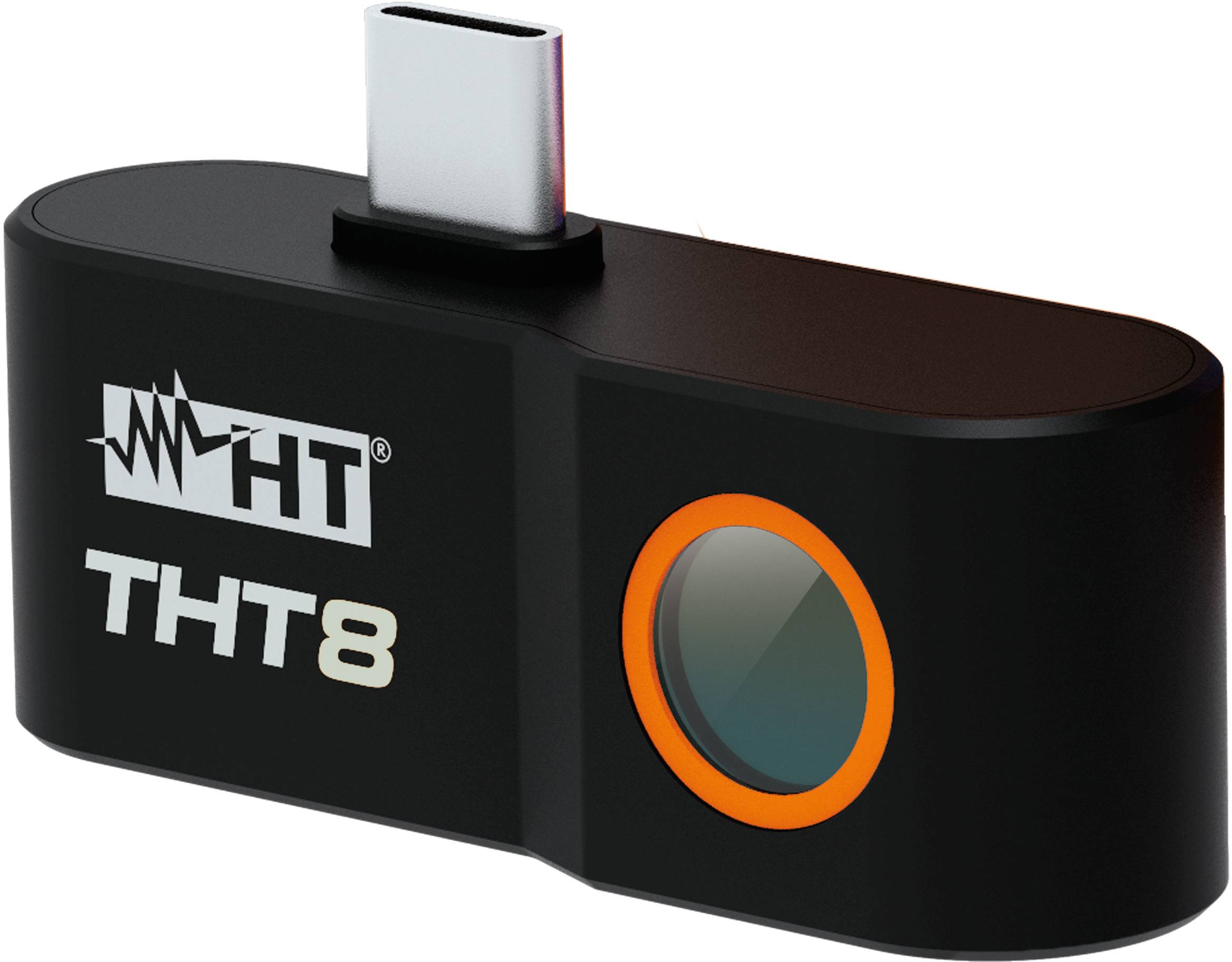Ein schwarzes und orangefarbenes USB-C-Gerät mit der Beschriftung "THT8" und einer Sensorlinse, das für Mess- oder Erkennungszwecke verwendet wird.
