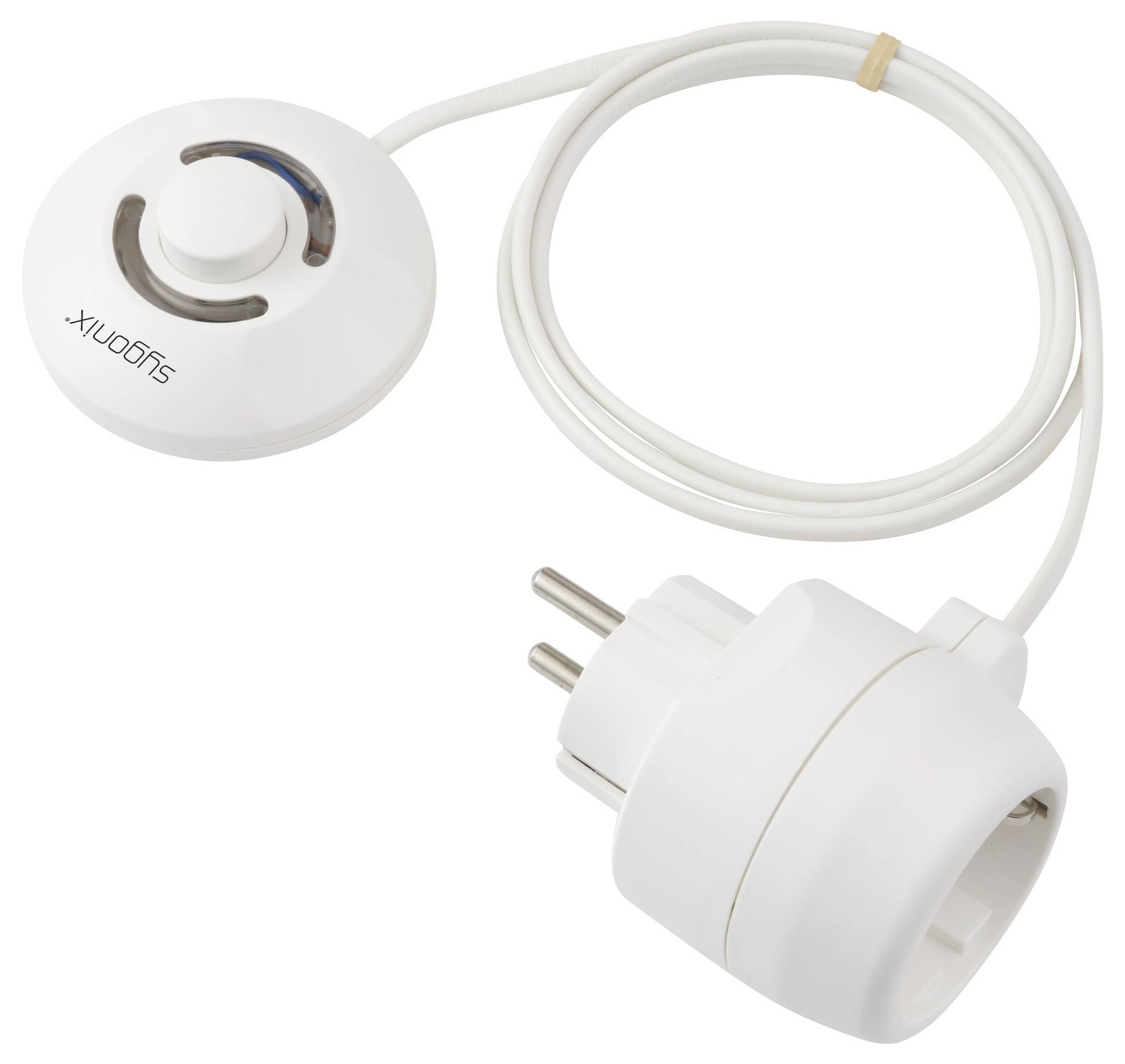 Eine weiße Netzsteckdose mit angeschlossenem Kabel. Der Markenname 'suguonx' ist auf einer kreisförmigen Komponente gedruckt, die mit der Steckdose verbunden ist.
