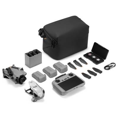 Ein Drohnen-Set enthält eine Drohne, eine Fernbedienung, drei Akkus, Propeller, eine Ladestation, einen Propellerhalter, Filter, einen Adapter und eine Tragetasche.